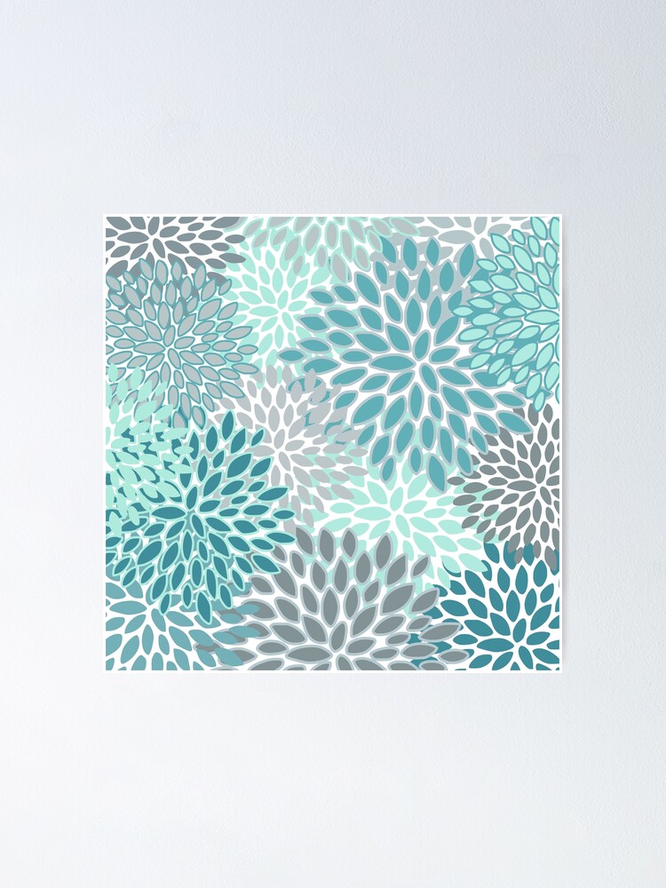 Floral Pattern, Aqua, Teal, Turquoise and Gray Throw Pillow by Megan Morris