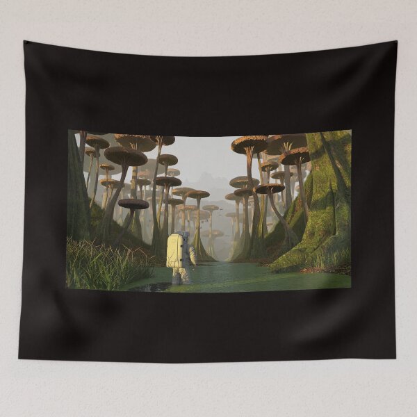 Item preview, astronaut exploring alien planet landscape, mission on exoplanet with strange plants and flying creatures designed and sold by DottedYeti.