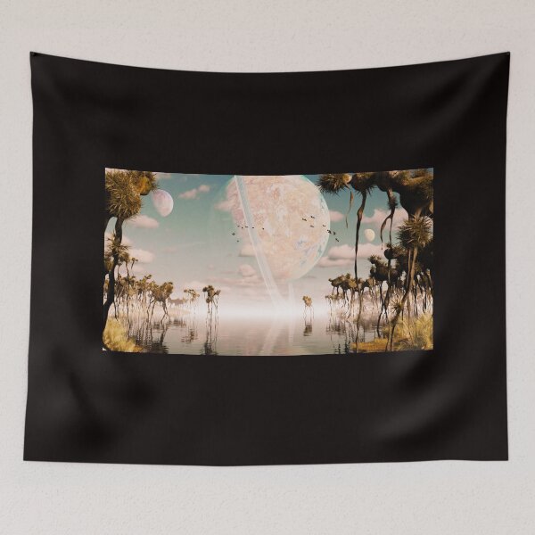 Item preview, exoplanet landscape, alien world with strange plants and flying creatures designed and sold by DottedYeti.