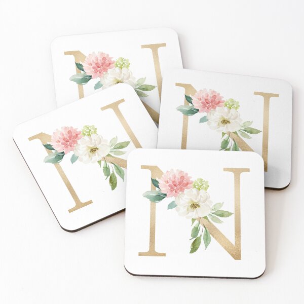 Item preview, Monogram letter N - Faux gold foil and pink and white flowers and green leaves designed and sold by Citronelladesig.