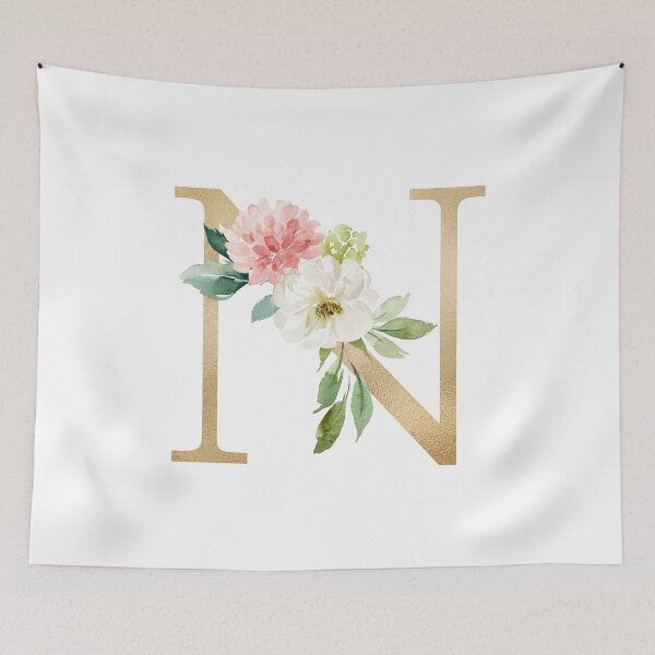 Artikelvorschau, Monogrammbuchstabe N - Kunstgoldfolie und rosa-weiße Blumen und grüne Blätter entworfen und verkauft von Citronelladesig.