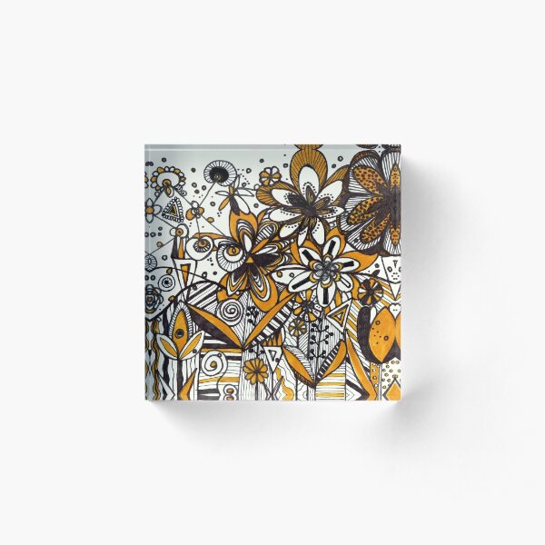 Mustard Black and White Floral pattern batik/African style Acrylic Block