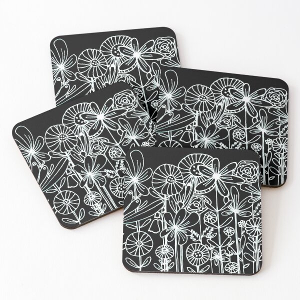 Item preview, Reversed line drawing white on black flowers  designed and sold by Sam Parr.