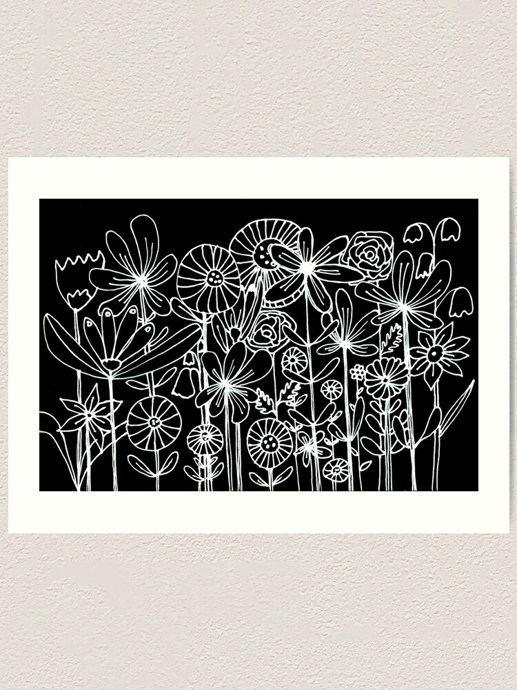 Alternate view of Reversed line drawing white on black flowers Art Print