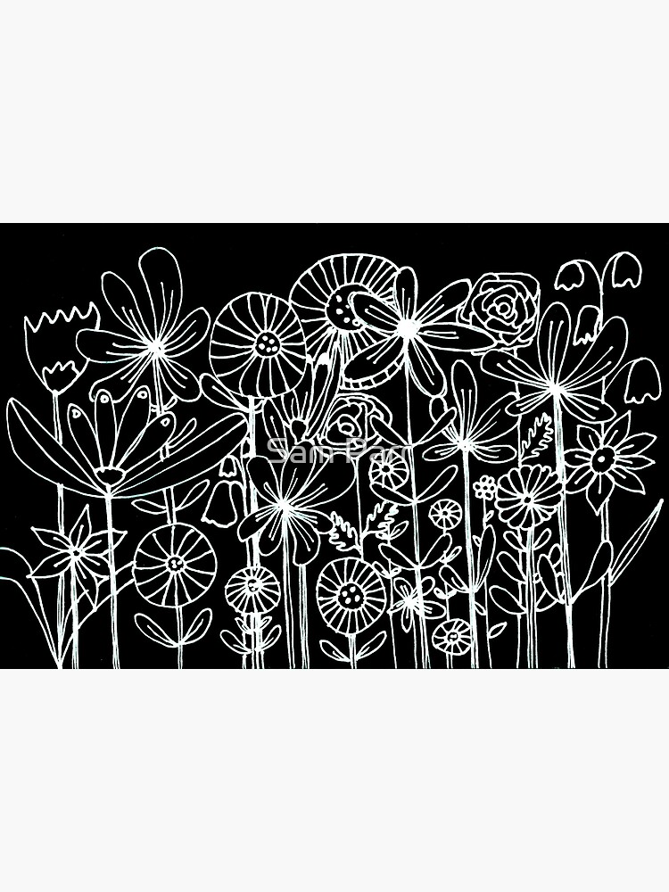 Reversed line drawing white on black flowers by SamJane