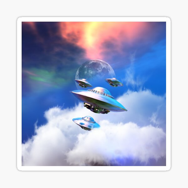 UFO’s flying is sky with clouds and moon. Sticker