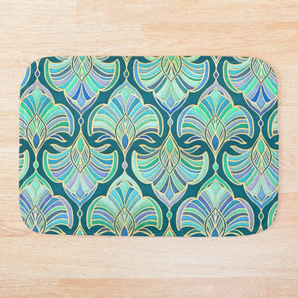 Dark Teal, Emerald and Blue Art Deco Fans Bath Mat
