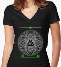 NOV 2012 MERCH PHI 777 IMPOSSIBLE CROP CIRCLE TRIANGLE BLACK WITH CEWDI QRCODE Women's Fitted V-Neck T-Shirt