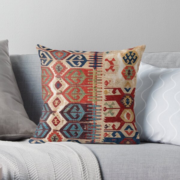 Aksaray Tribal Antique Turkish Kilim Print Throw Pillow