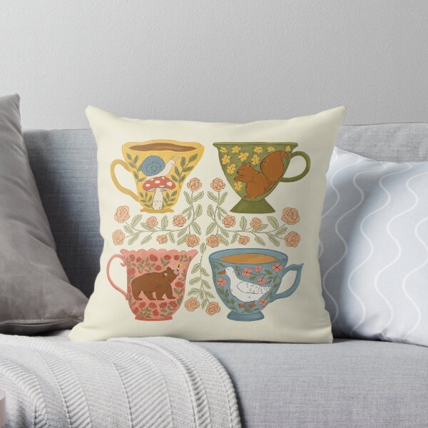 Floral Animal Teacups Throw Pillow