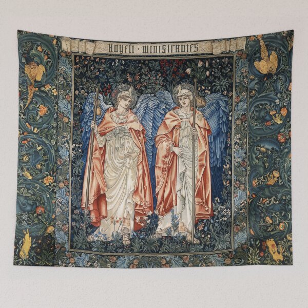 Aperçu de l'œuvre ANGELI MINISTRANTES, Anges dans une tapisserie florale bleu-vert créée et vendue par BulganLumini.