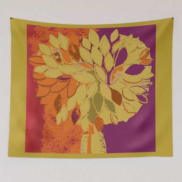 Item preview, Tree, fall leaves orange plum gold red, fiber art textile photography mixed media digital designed and sold by djrunnels.