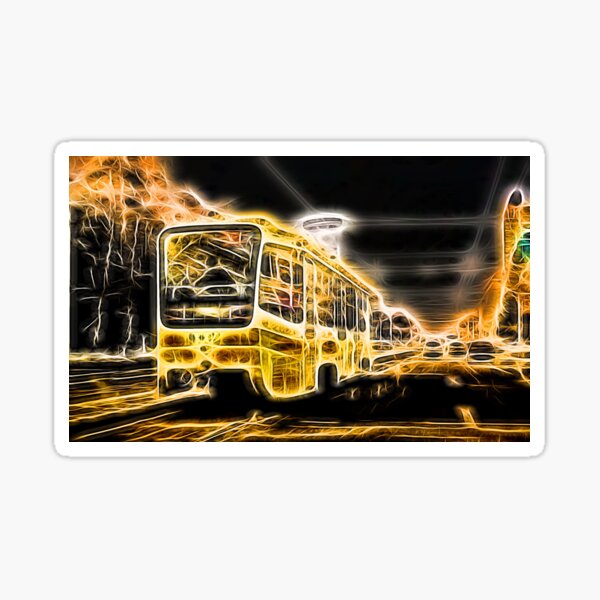 Aperçu de l'œuvre Bus jaune de chariot au néon dans la ville créée et vendue par NeonAbstracts.