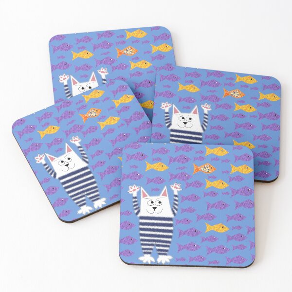 Item preview, Cute cartoon stripy cat with fish designed and sold by Fluffpotsdesign.