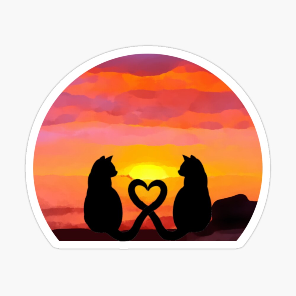 Silhouettes Of Two Sitting Cats Looking At Red Heart Pets Love