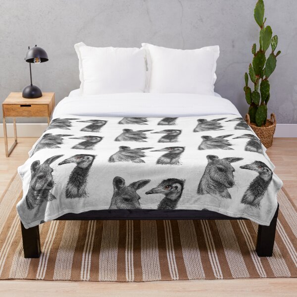 Australian Kangaroo and Emu Drawing Design - Australiana Throw Blanket