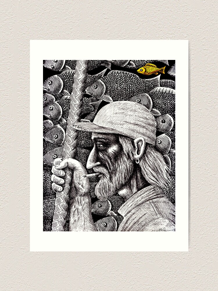 Old Fisherman surreal pen ink black and white drawing | Art Print