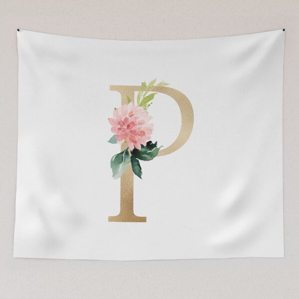 Item preview,  Monogram letter P - Faux gold foil and pink and white flowers and green leaves designed and sold by Citronelladesig.