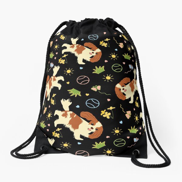 Playing Cavalier King Charles Spaniel - Black Drawstring Bag
