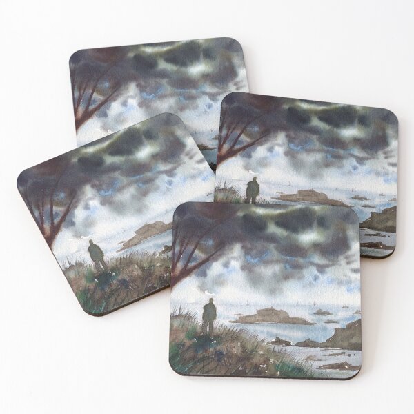 Item preview, Watercolour Seascape with figure standing on high ground designed and sold by darrenyeoart.