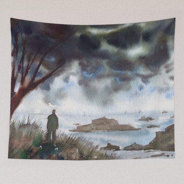 Item preview, Watercolour Seascape with figure standing on high ground designed and sold by darrenyeoart.