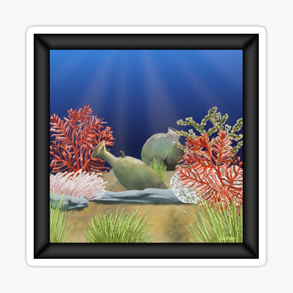 ancient jugs under water sea / black frame Sticker