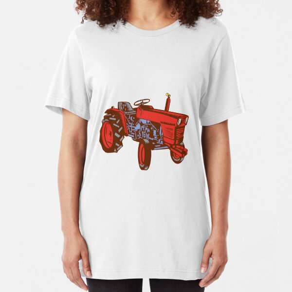 Vintage Farm Tractor Side Woodcut Slim Fit T-Shirt