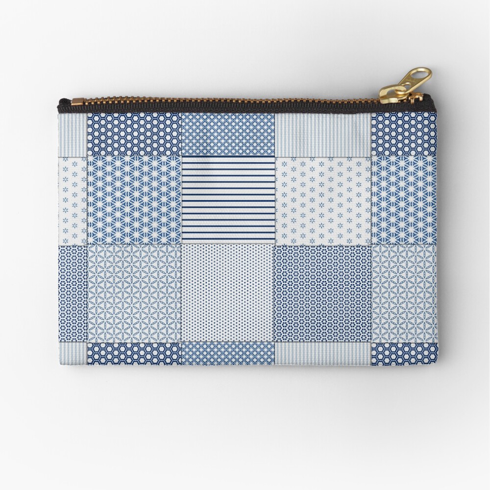Blue and White Faux Patchwork Pattern Zipper Pouch