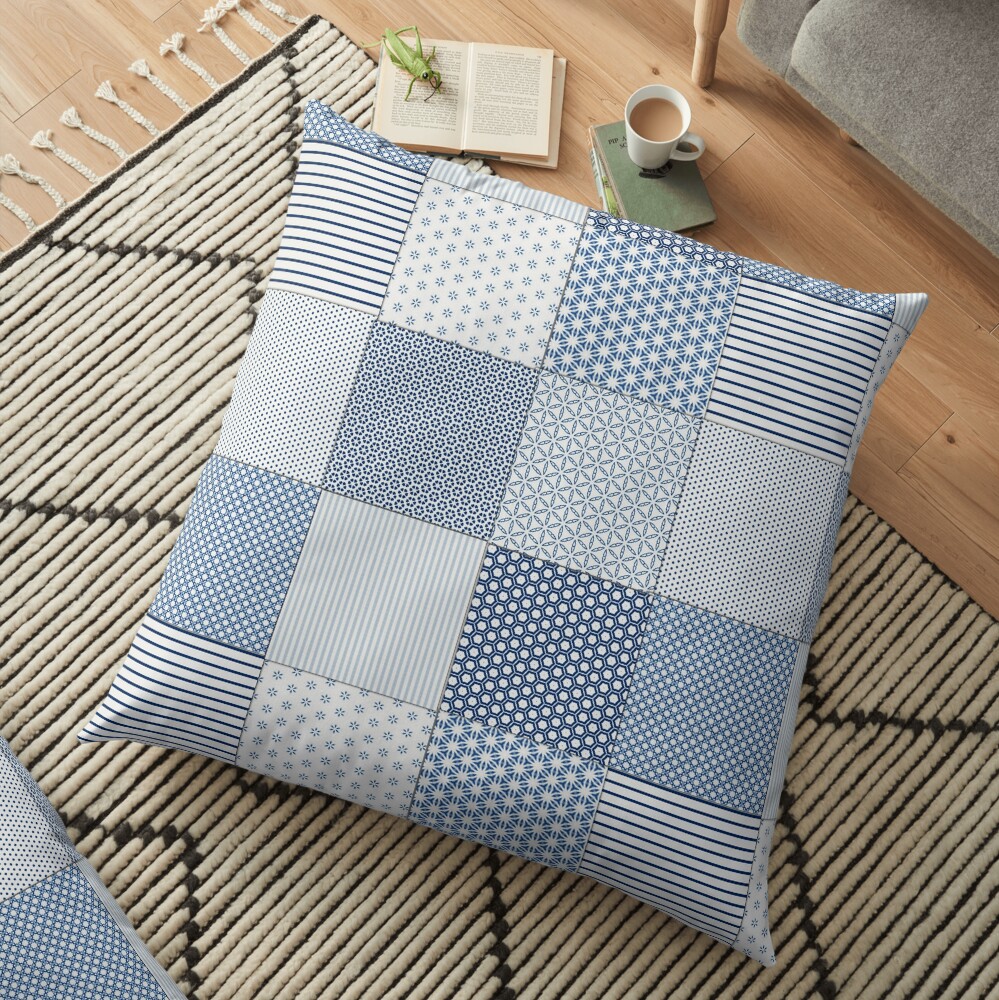 Blue and White Faux Patchwork Pattern Floor Pillow