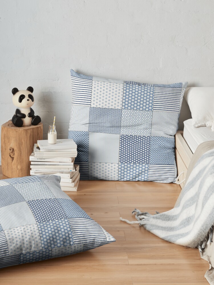 Alternate view of Blue and White Faux Patchwork Pattern Floor Pillow
