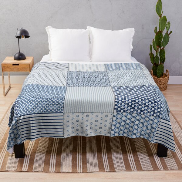 Blue and White Faux Patchwork Pattern Throw Blanket