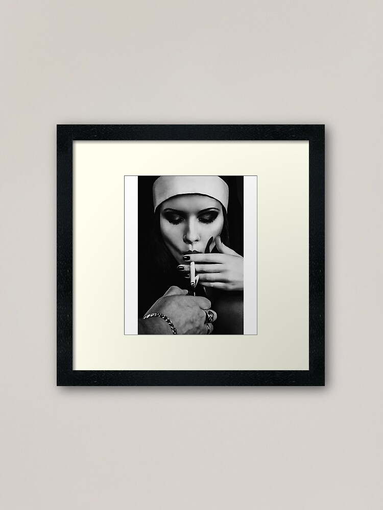 Alternate view of Black And White Nun Smoking Cigarette Framed Art Print