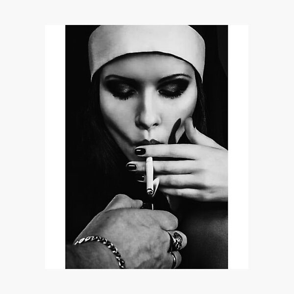 Black And White Nun Smoking Cigarette Photographic Print
