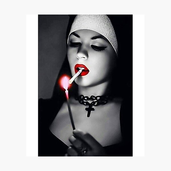 Black And White Sexy Nun Smoking Cigarette Photographic Print