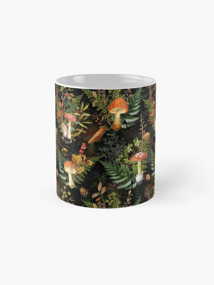 Alternate view of vintage toadstools in the forest on black Mug