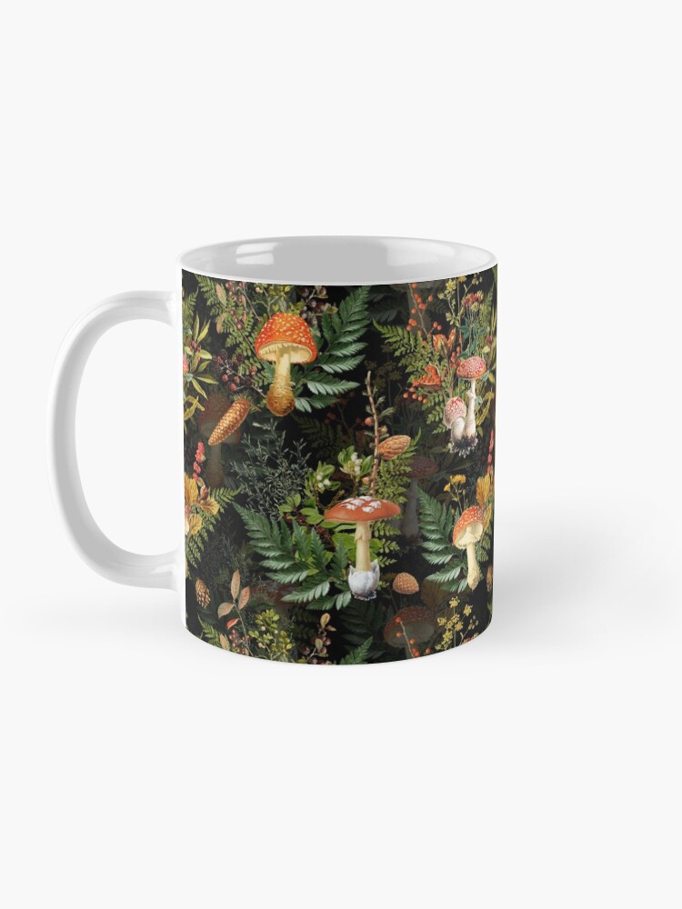 Alternate view of vintage toadstools in the forest on black Mug