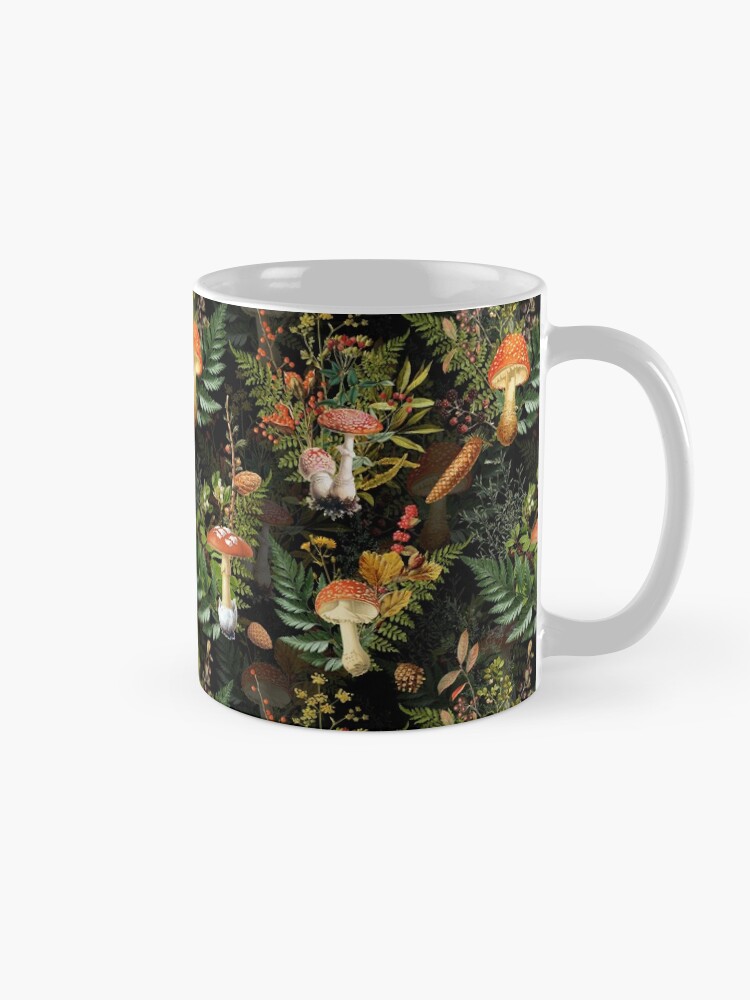 Alternate view of vintage toadstools in the forest on black Mug
