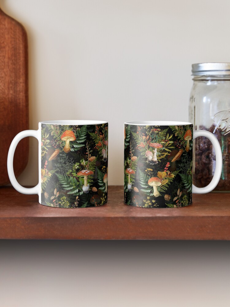 Alternate view of vintage toadstools in the forest on black Mug