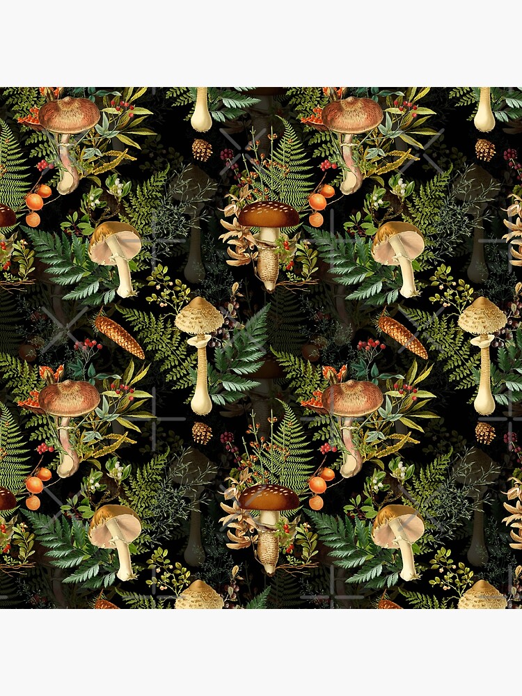 Vintage toxic mushrooms forest pattern on black by UtArt