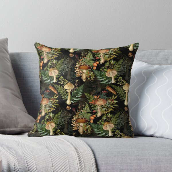 Vintage toxic mushrooms forest pattern on black Throw Pillow