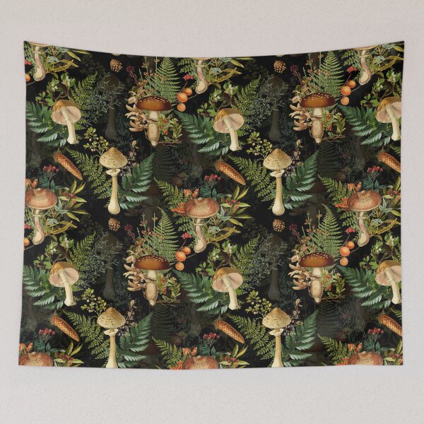 Item preview, Vintage toxic midnight mushrooms forest Botanical Night Garden pattern on black Nightgarden designed and sold by UtArt.