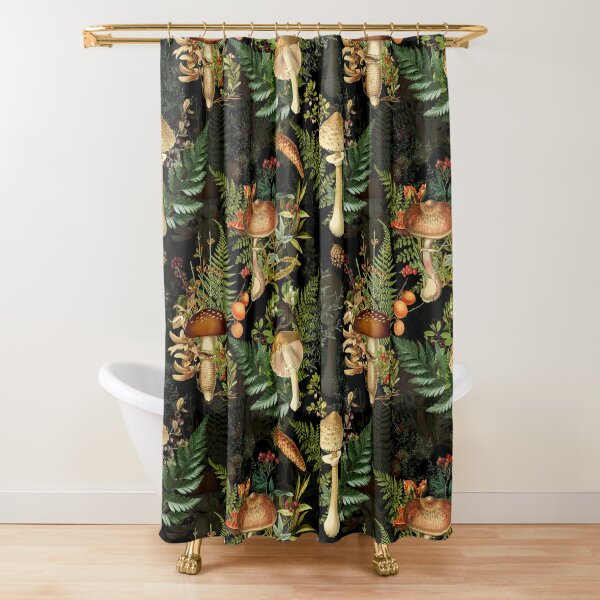 Vintage toxic mushrooms forest pattern on black Shower Curtain