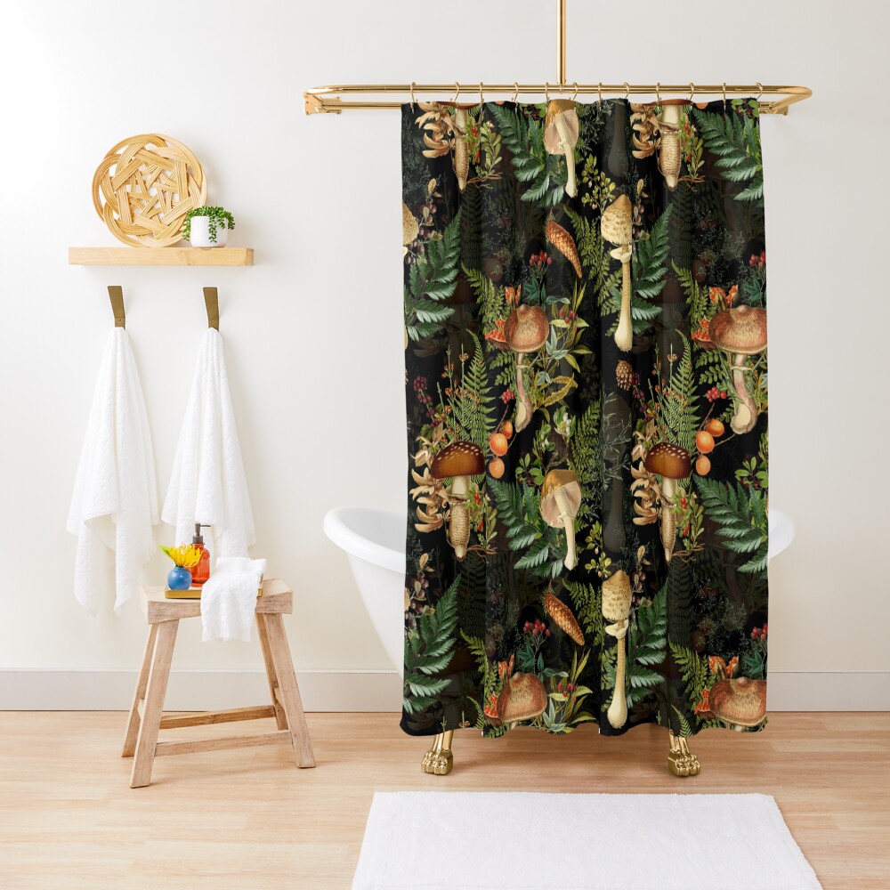 Vintage toxic mushrooms forest pattern on black Shower Curtain