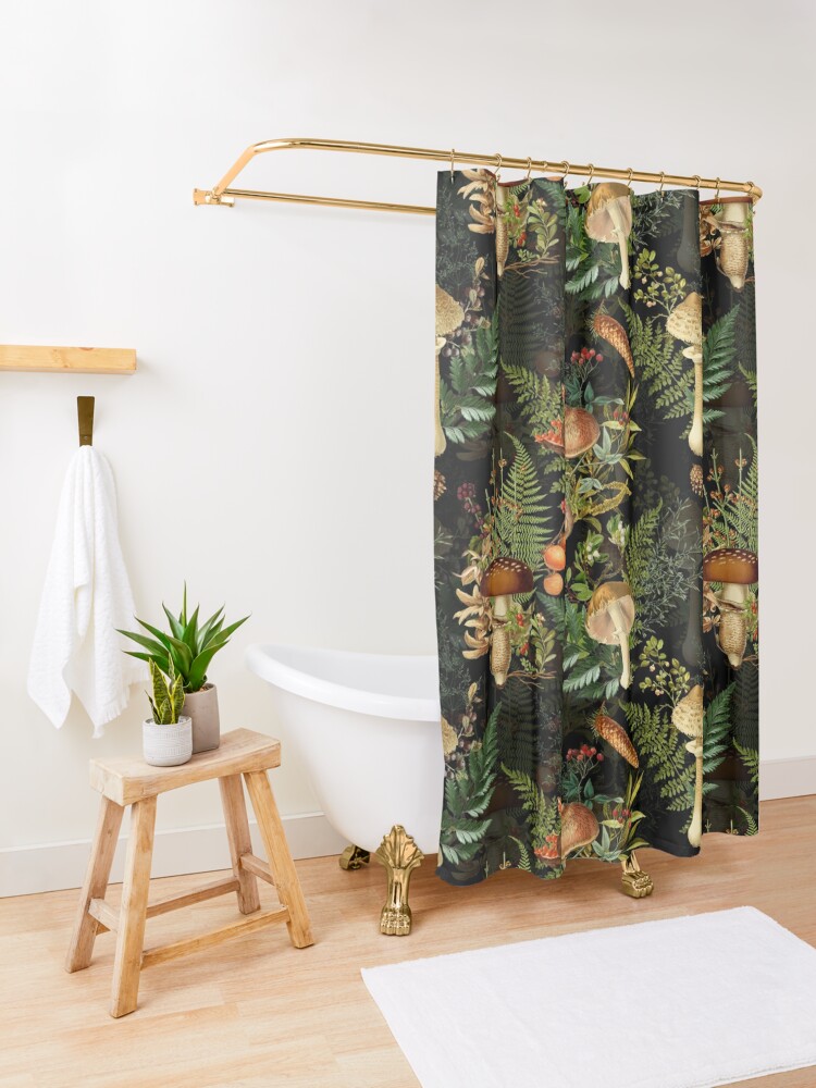 Alternate view of Vintage toxic mushrooms forest pattern on black Shower Curtain