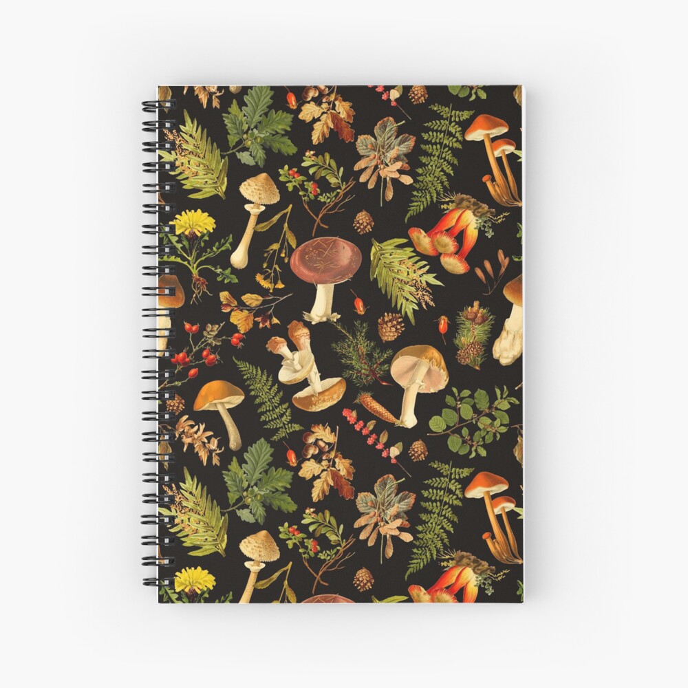 Vintage toxic mushrooms forest pattern on black Spiral Notebook
