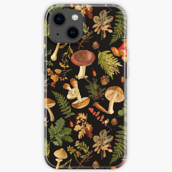 Vintage toxic mushrooms forest pattern on black iPhone Soft Case