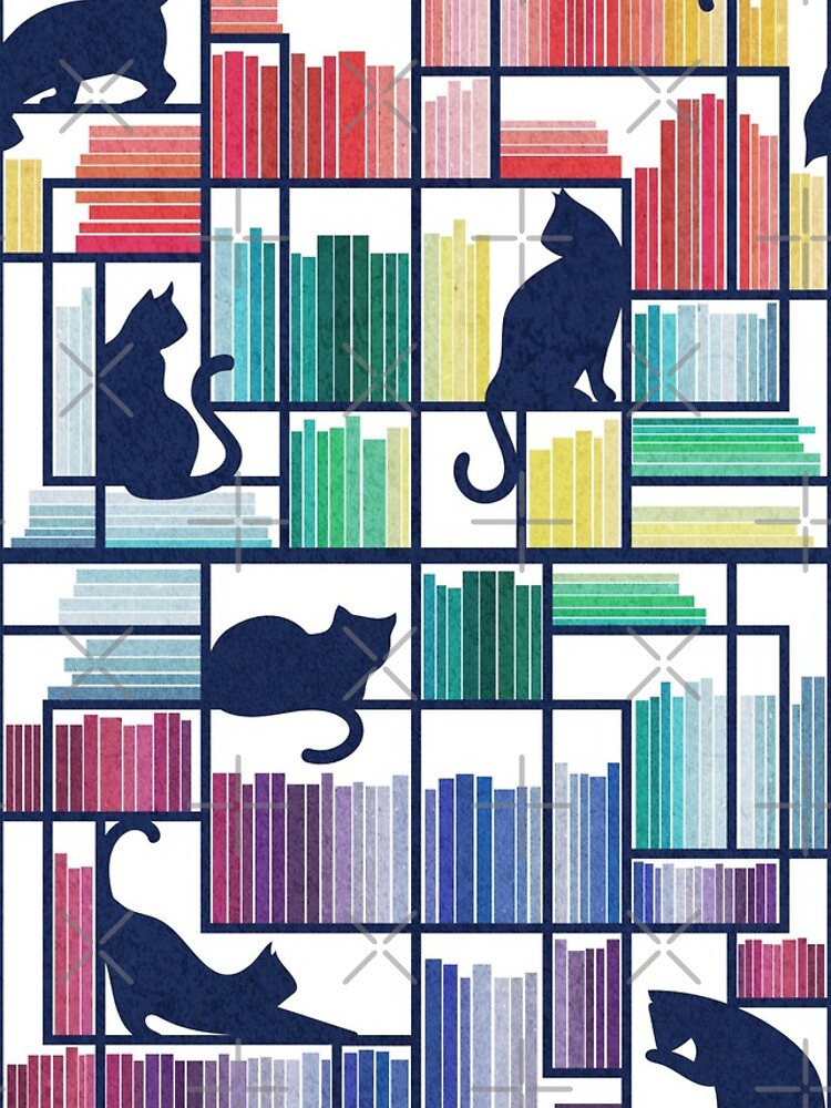 Rainbow bookshelf // white background navy blue shelf and library cats by SelmaCardoso