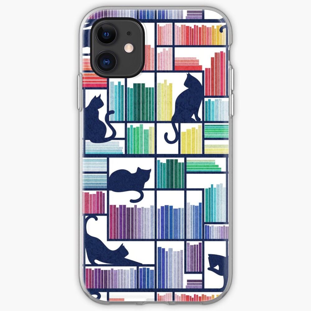 Rainbow bookshelf // white background navy blue shelf and library cats iPhone Case & Cover