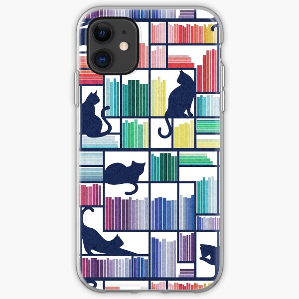 Rainbow bookshelf // white background navy blue shelf and library cats iPhone Soft Case