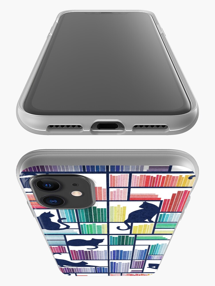 Alternate view of Rainbow bookshelf // white background navy blue shelf and library cats iPhone Case & Cover